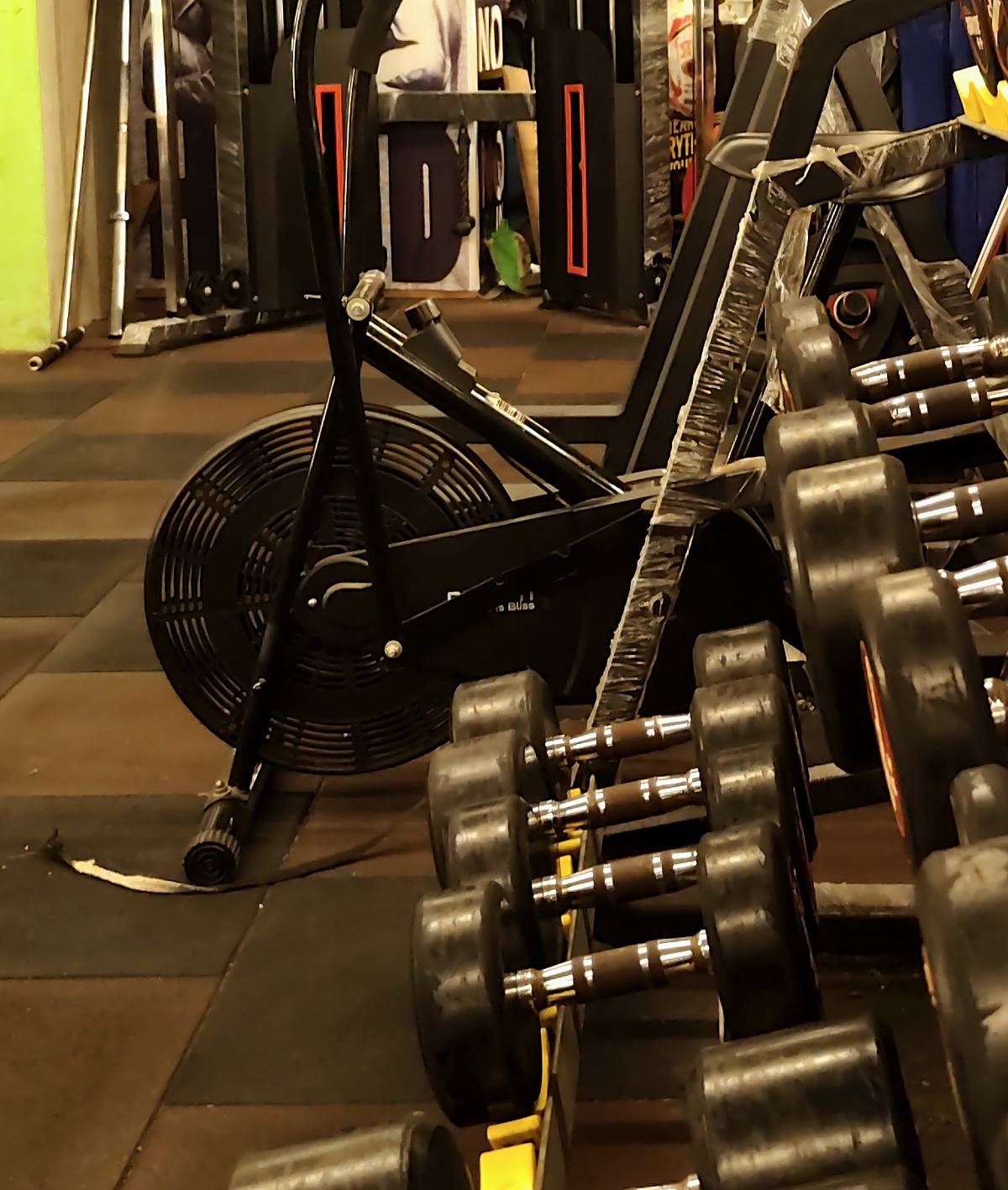 Air bike beside the dumbbell rack