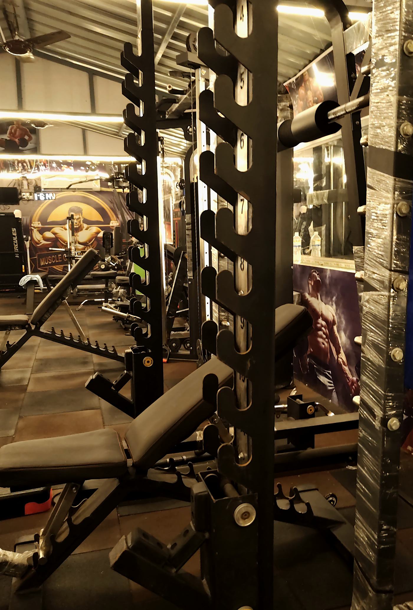 Adjustable benches and a power rack on the rubber-matted lifting floor