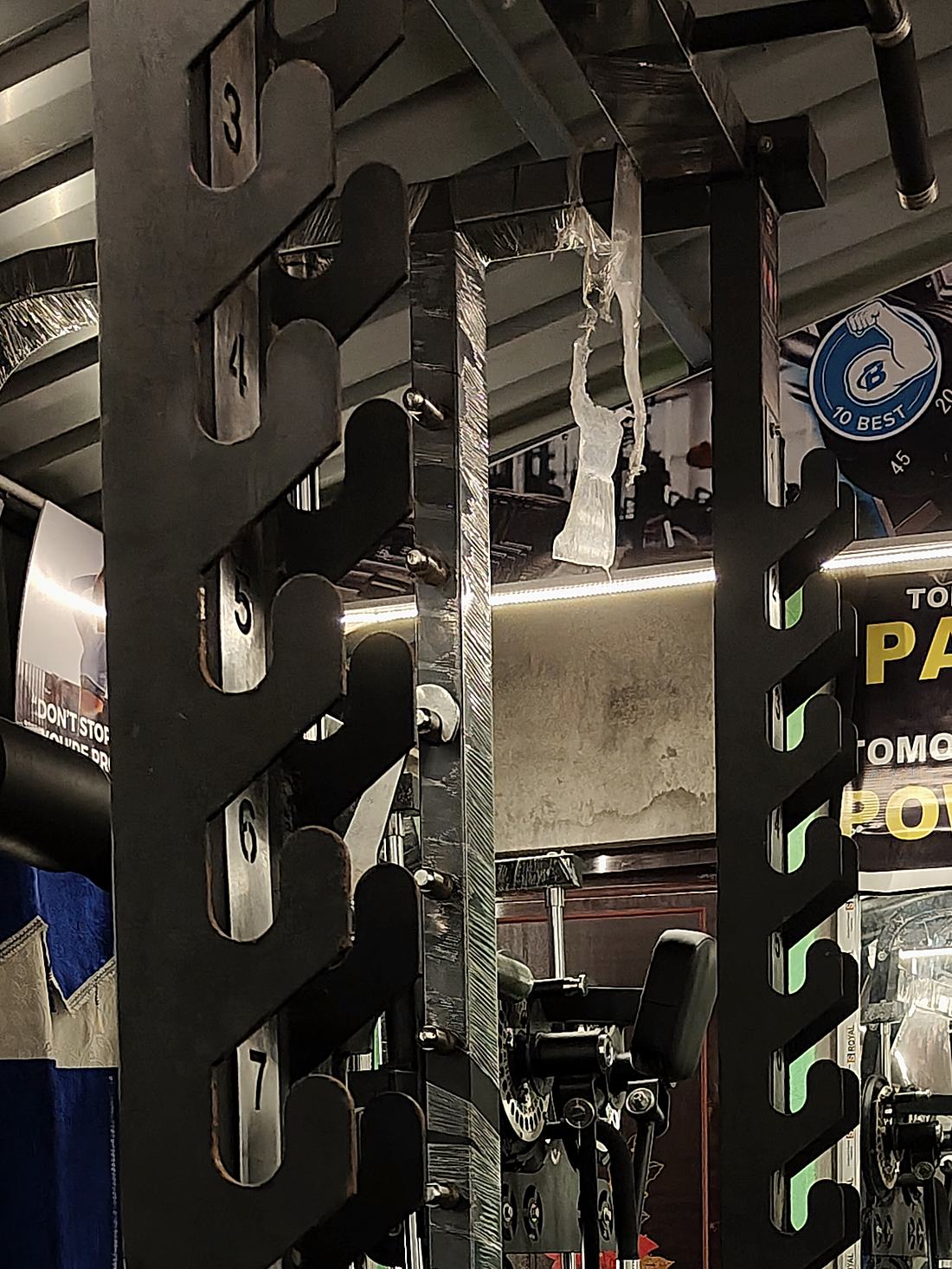 Close-up of a power rack upright with numbered J-hook positions